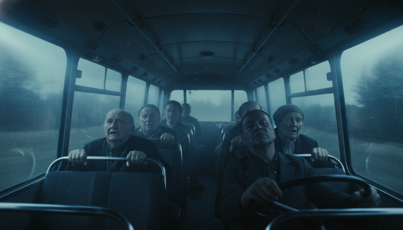 बस के अंदर डरे हुए यात्रियों और शांत बैठे ड्राइवर का तनावपूर्ण दृश्य।