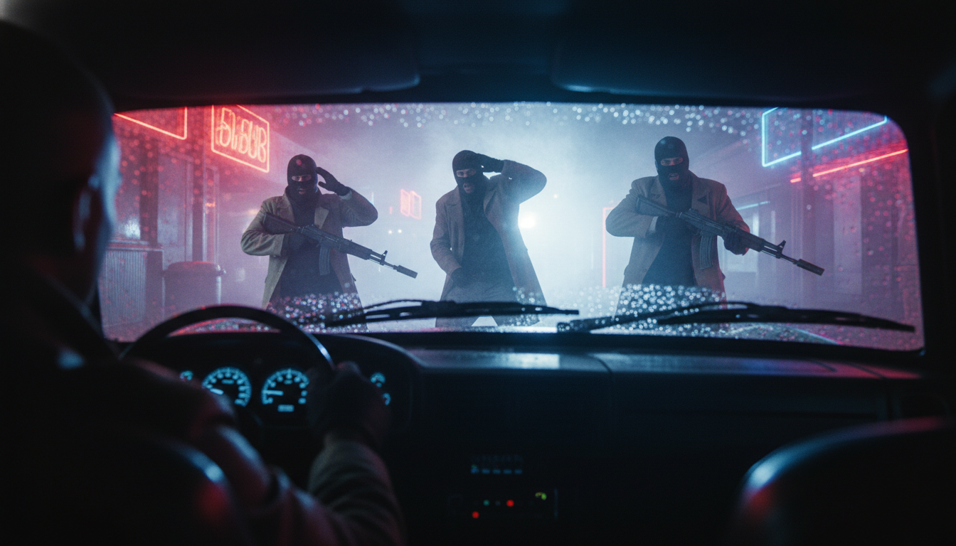 ड्राइवर की सीट से देखा गया नज़ारा जहाँ डाकुओं पर अचानक तेज़ रौशनी पड़ती है।