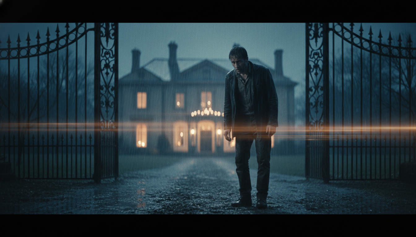 बारिश में आलीशान फार्म हाउस के गेट पर खड़ा एक गरीब और हताश आदमी।