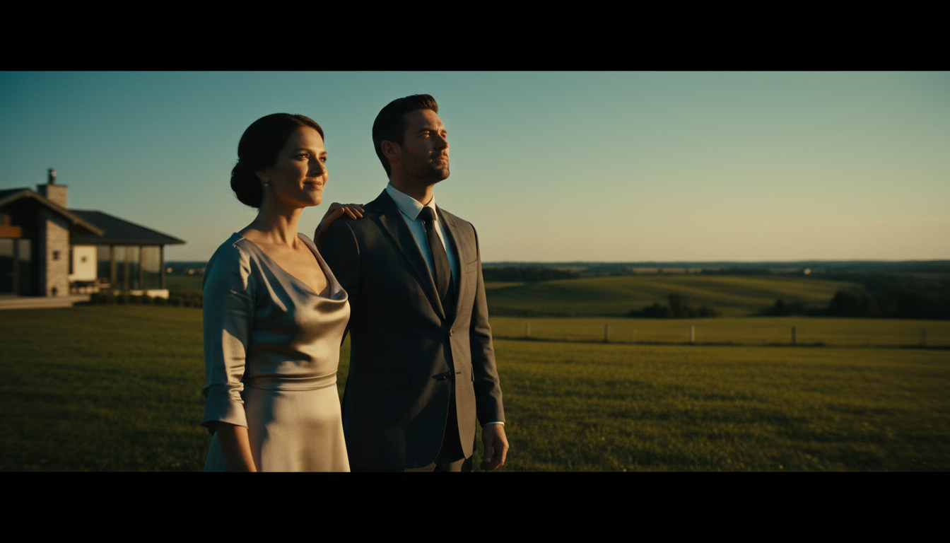 सूट बूट में तैयार आदमी अब मालकिन के साथ फार्म का निरीक्षण कर रहा है।