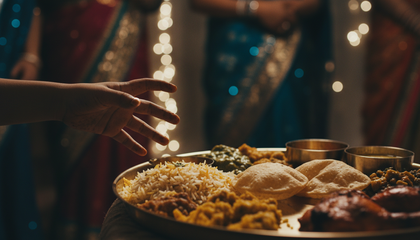 एक भव्य शादी में खाना चुराने की कोशिश करती हुई गरीब बच्ची का हाथ।