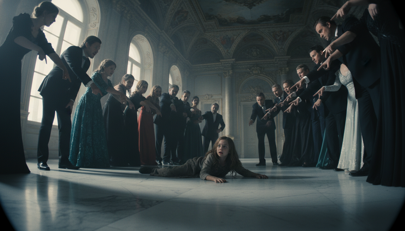 शादी के हॉल में जमीन पर गिरी हुई डरी हुई बेघर लड़की और गुस्से में अमीर मेहमान।