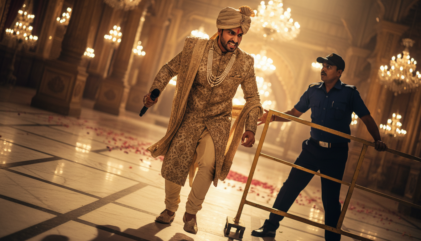 दूल्हा गुस्से में सिक्योरिटी गार्ड को रोकता है और माइक थाम लेता है।