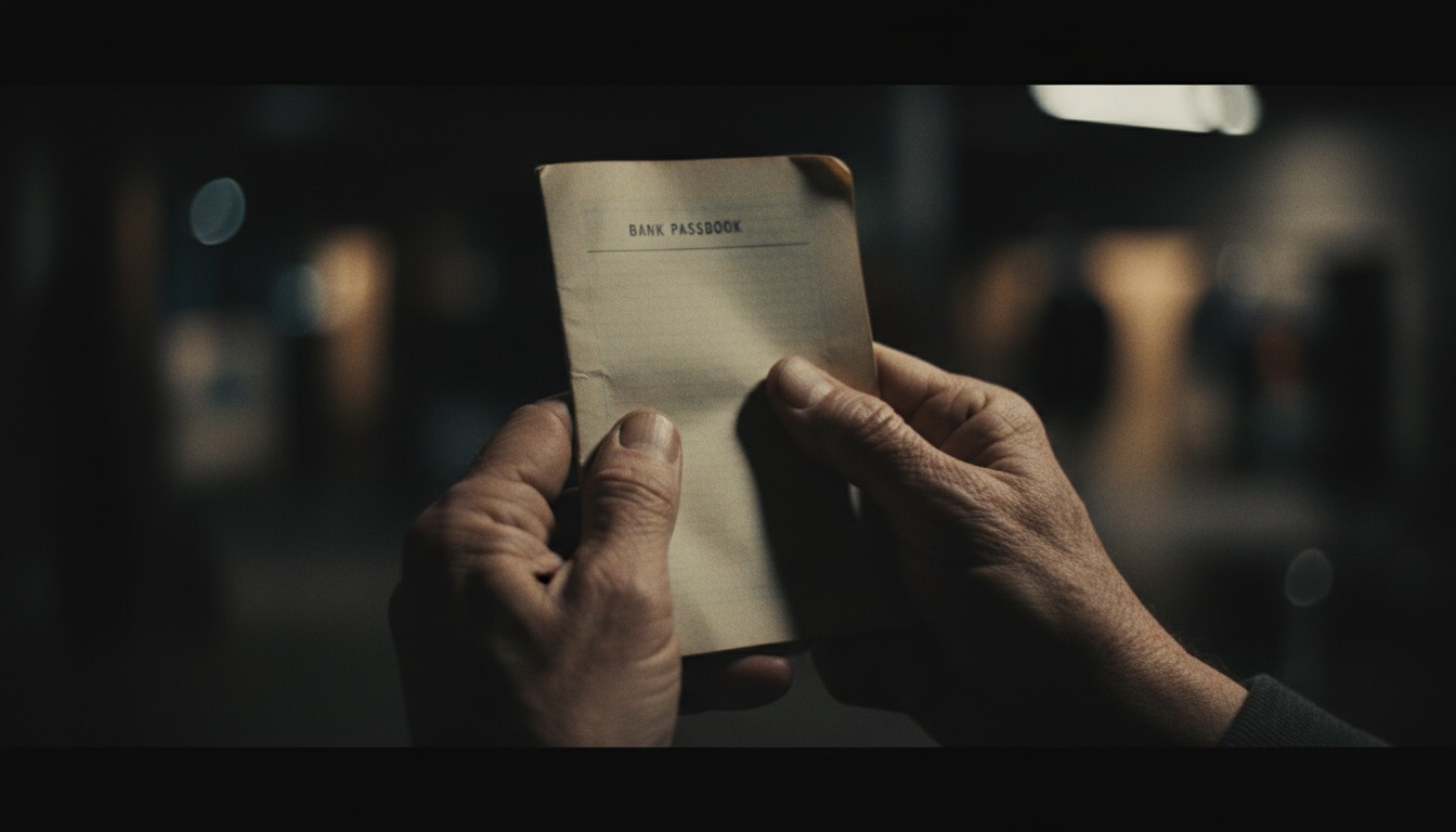 बूढ़े हाथों में खाली बैंक पासबुक का क्लोज़-अप शॉट।
