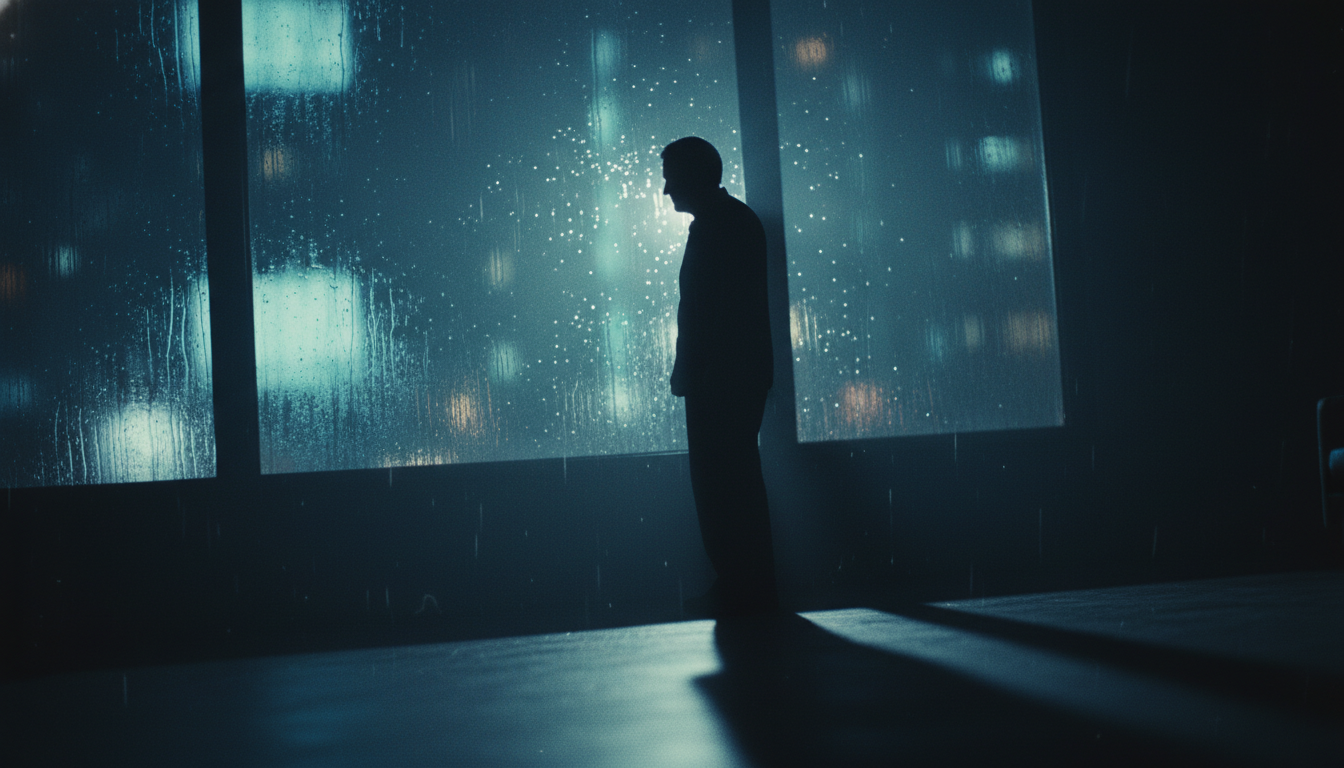 खिड़की के पास बारिश को देखता हुआ उदास बुजुर्ग व्यक्ति।