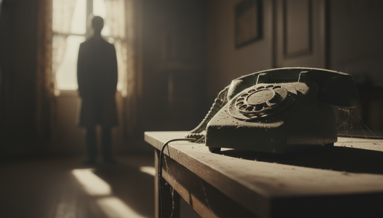 मेज पर रखा पुराना टेलीफोन जिस पर कभी घंटी नहीं बजती।