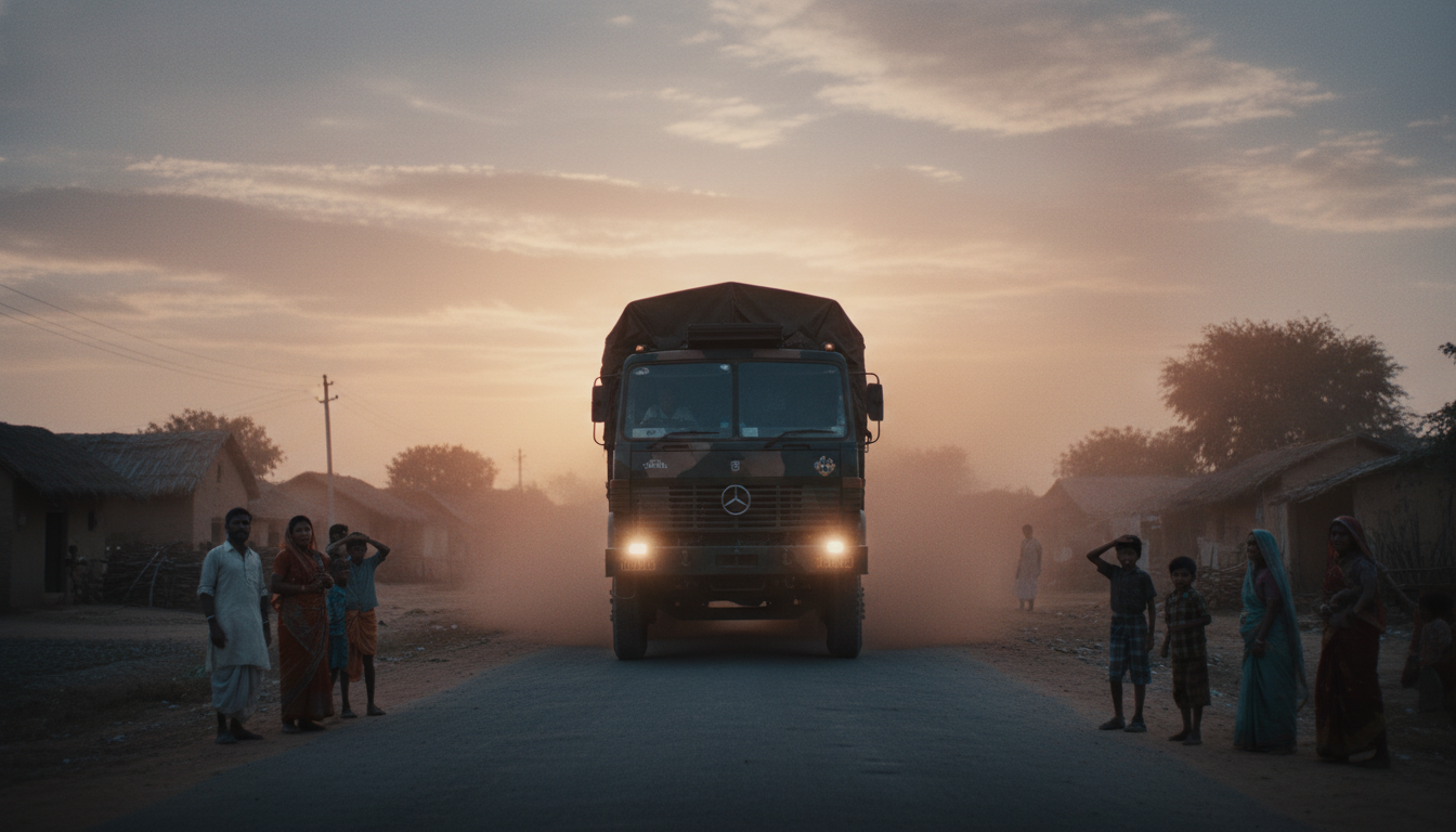 गाँव की कच्ची सड़क पर धूल उड़ाता हुआ आता भारतीय सेना का विशाल ट्रक