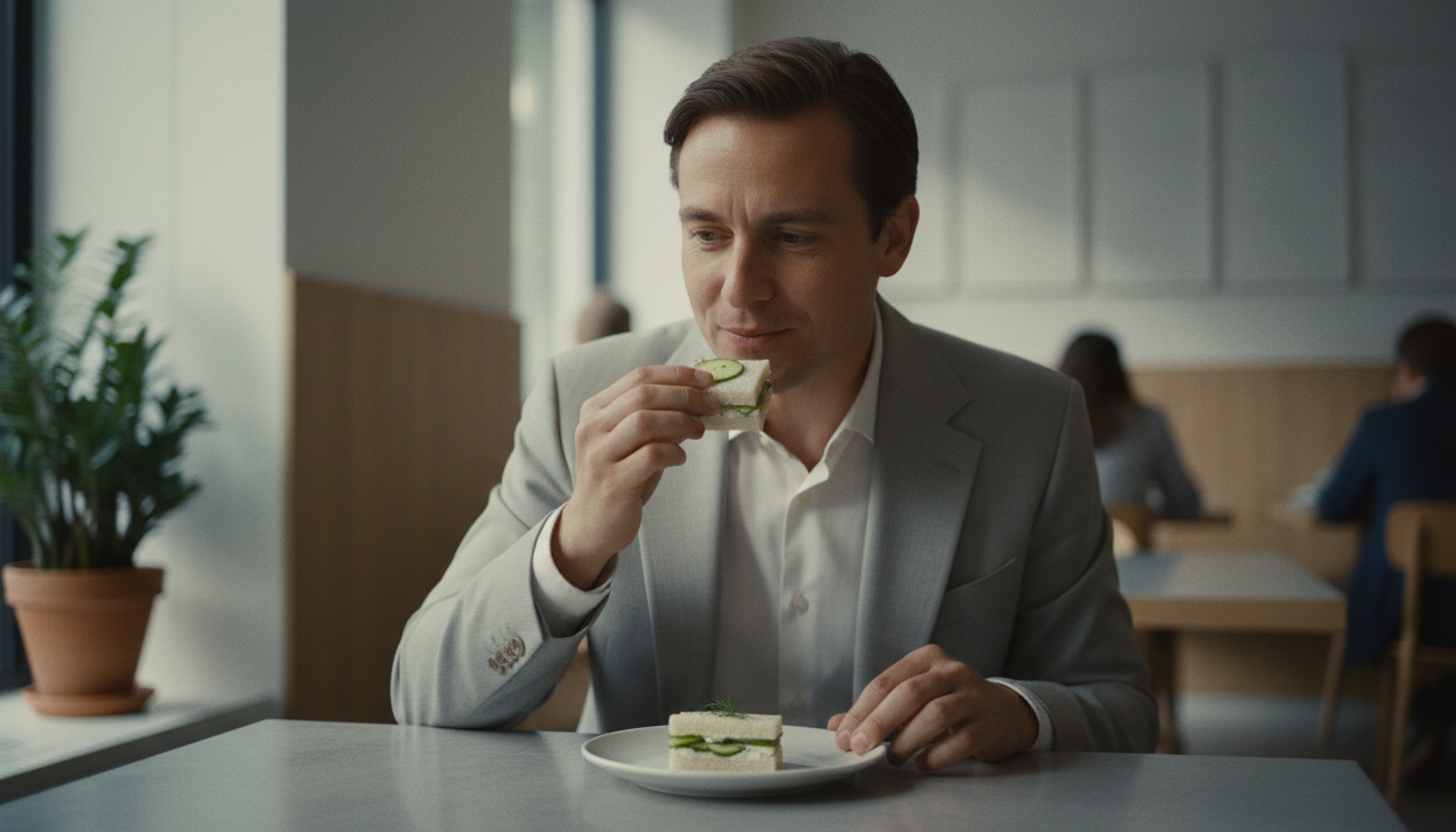 एक अंग्रेज व्यक्ति कैफे में एक छोटे से सैंडविच को देखकर खुश होता हुआ और अपना पेट भरा हुआ महसूस कर रहा है।