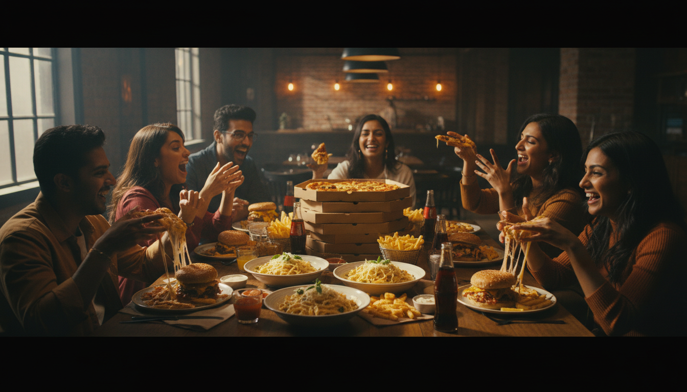 भारतीय दोस्तों का समूह टेबल पर पिज्जा, बर्गर और पास्ता का ढेर लगाकर दावत उड़ाते हुए।