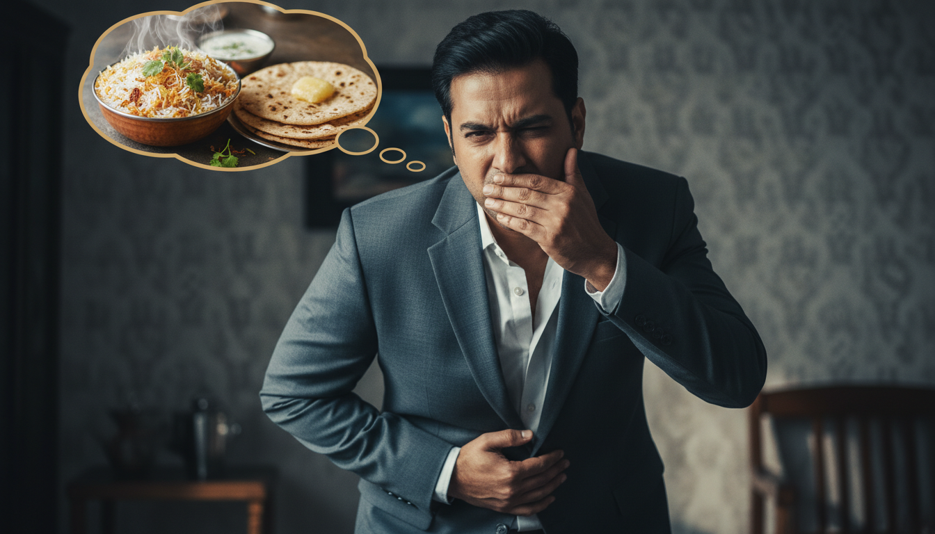 एक भारतीय लड़का पेट पर हाथ रखकर 'बस करो' का नाटक कर रहा है लेकिन दिमाग में घर के खाने का ख्याल है।