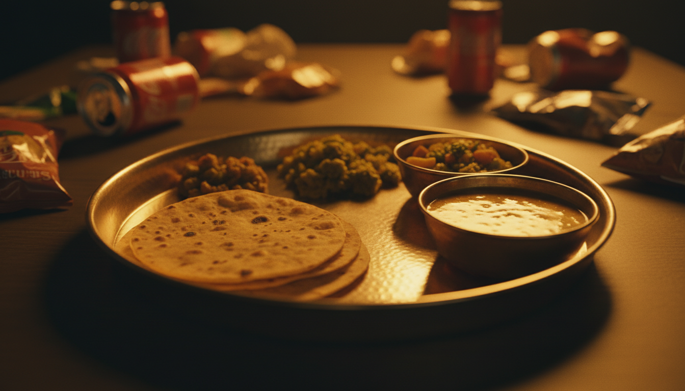 घर पर बनी दाल, रोटी और सब्जी की थाली जो जंक फूड खाने के बाद भी खाने के लिए तैयार है।